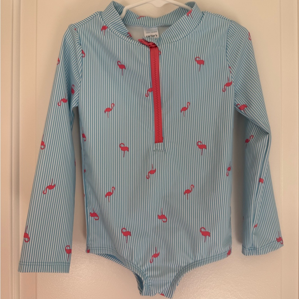 Carter's Blue Striped Rashguard with Pink Flamingos